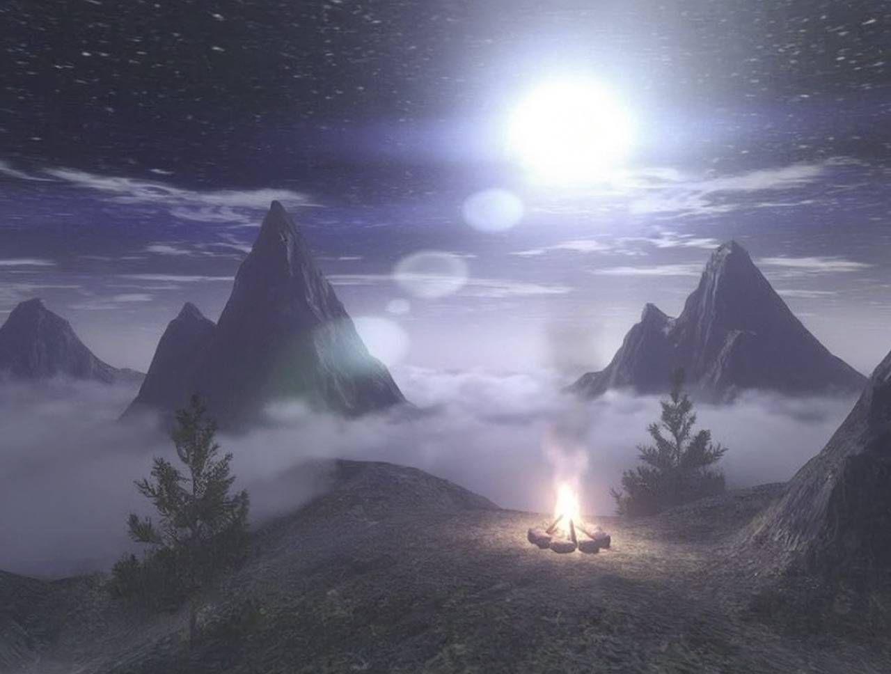 Game art of a campfire scene, the kind of world Ocsidian builds
