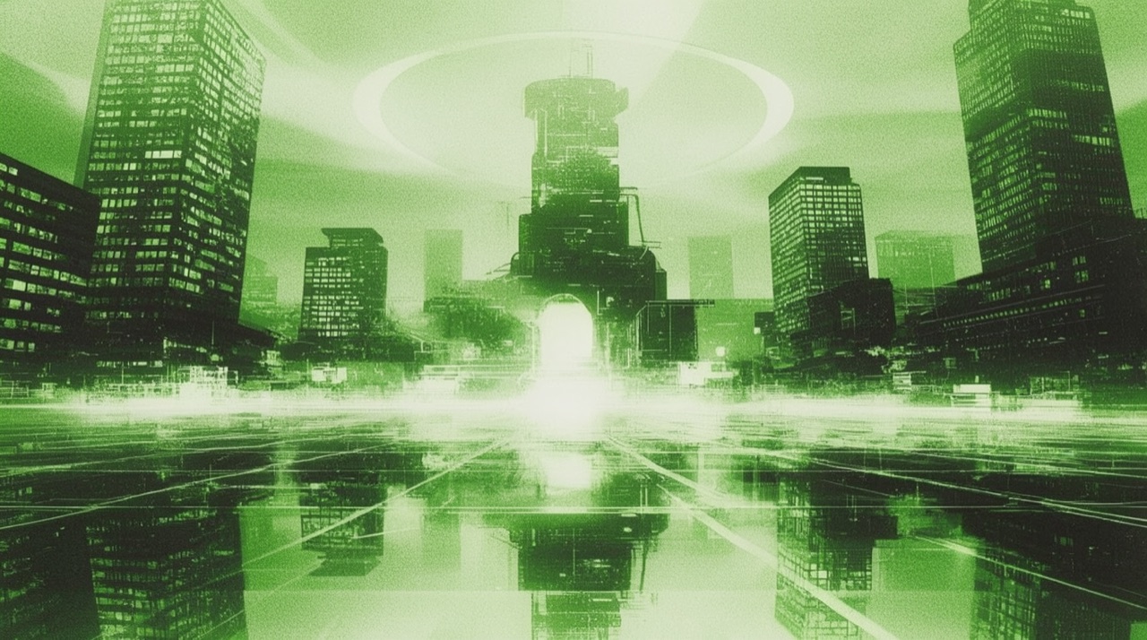 Game art of a glowing green city skyline reflected on water